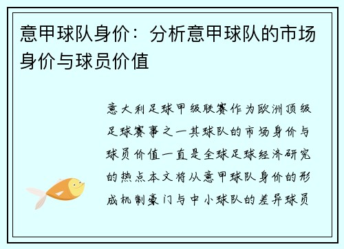 意甲球队身价：分析意甲球队的市场身价与球员价值